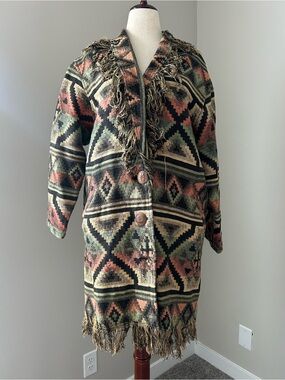 Vintage Northern Style Fringed Aztec-Print Long Coat 100% cotton